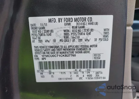 2012 Ford Escape Xls z USA, uszkodzony, nr VIN 1FMCU0C71CKB27760